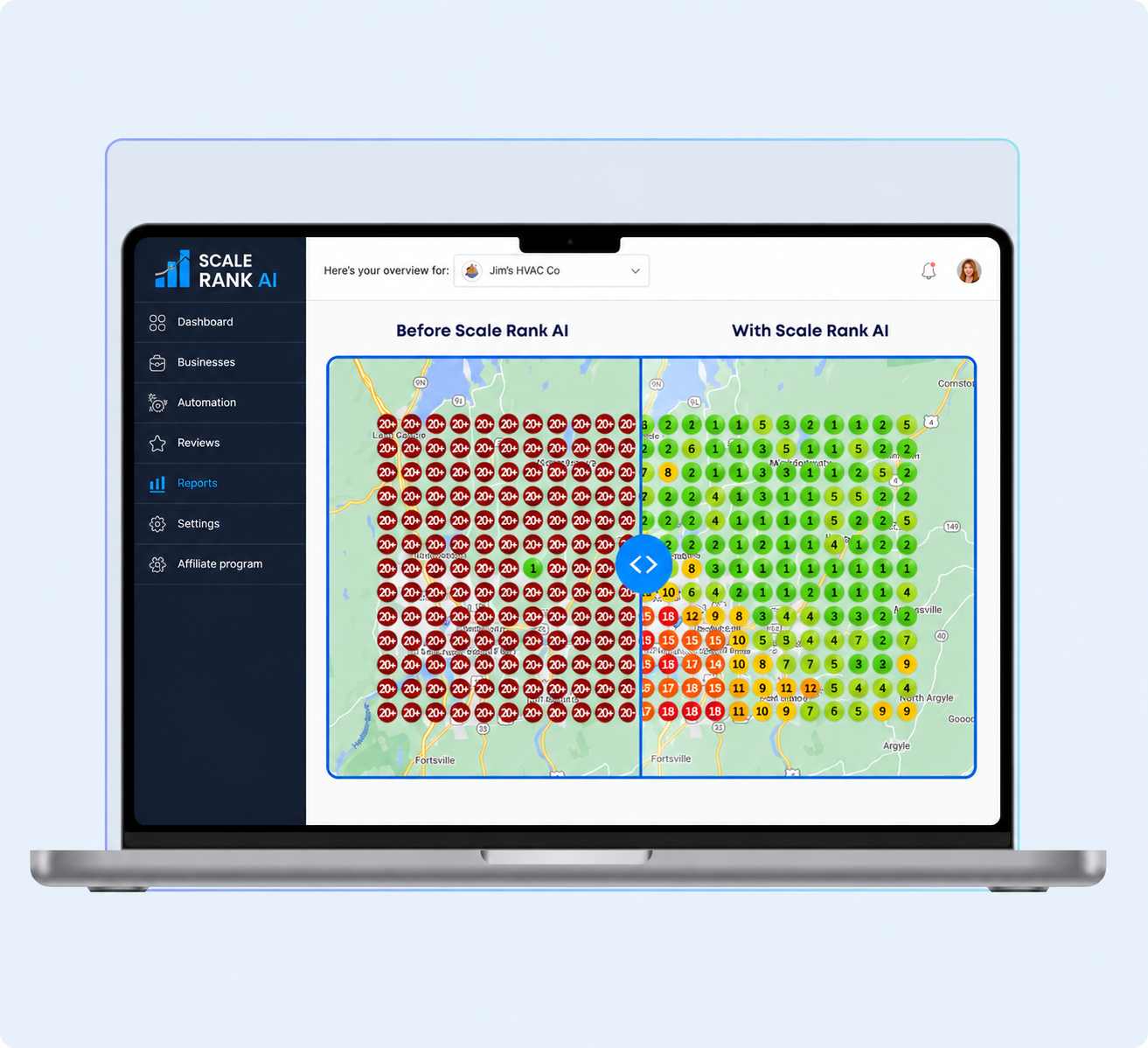 Local rank heatmap dashboard showing Google Maps ranking improvements across city grid